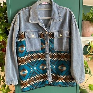 Women’s Denim Jacket with Aztec Tribal Southwestern Pattern